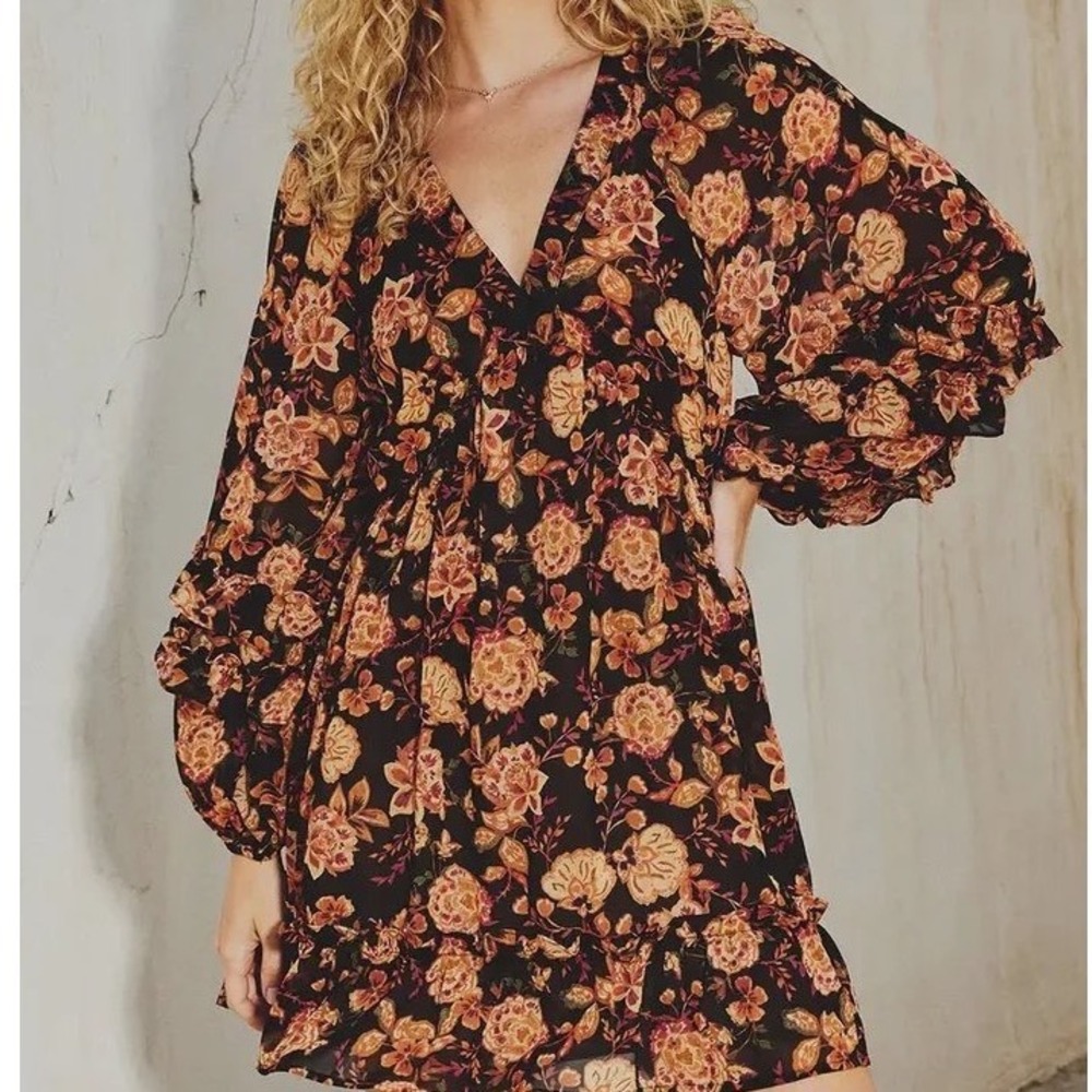 Dress Forum Small Black Floral Boho Chiffon Ruffle Mini Dress Romantic Cottage